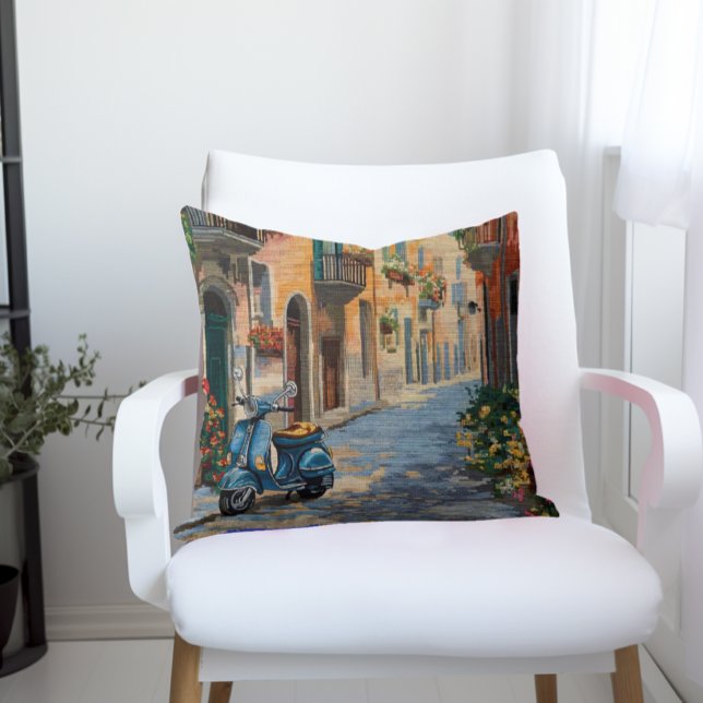 Faux Needlepoint Pillow - Italian Street Scooter (Faux Needlepoint Pillow with Italian Street Scene and Blue Scooter)