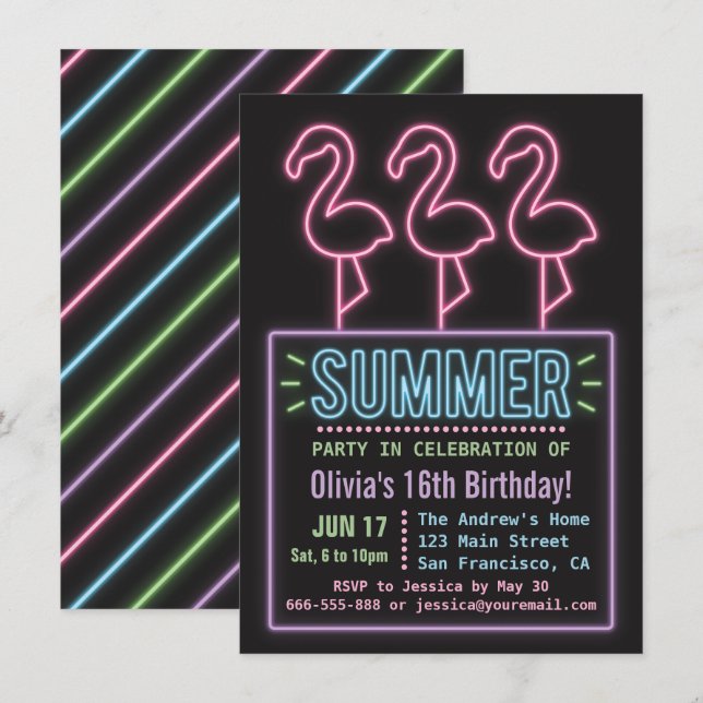 Faux Neon Flamingo Summer Sixteen Birthday Party Invitation (Front/Back)