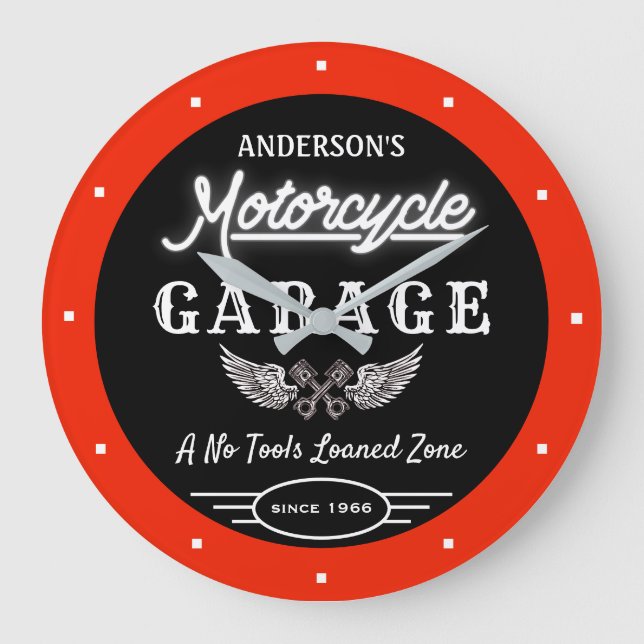 Faux Neon Garage Name Since Date Orange Black   Large Clock (Front)