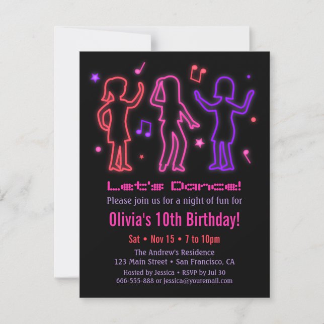 Faux Neon Glow Dance Birthday Party Invitations (Front)