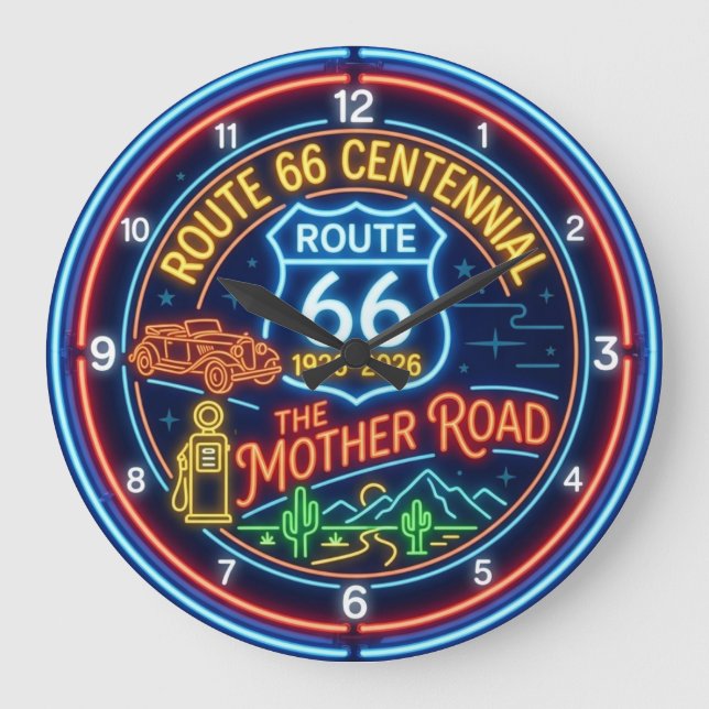 Faux Neon Mother Road Route 66 Centennial Large Clock (Front)
