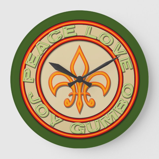 Faux Neon Peace Joy Gumbo Fleur de Lis Large Clock (Front)
