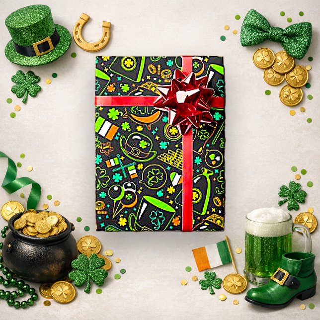 Faux Neon St. Patrick’s Day Irish Icon Pattern Wrapping Paper (Creator Uploaded)