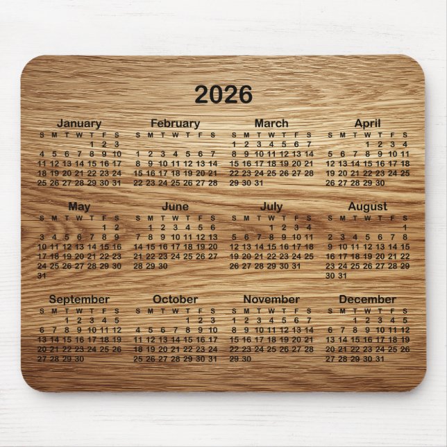 Faux Oak Wood 2026 Calendar Mouse Pad (Front)