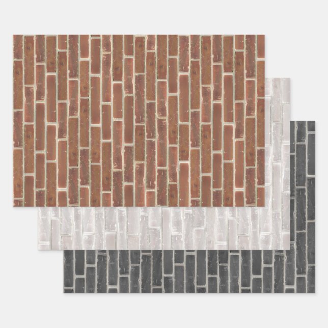 Faux Old Brown Black White Brick Wall Wrapping Paper Sheet (Set)