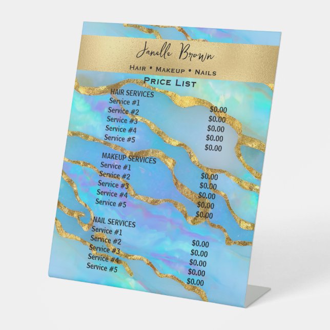 Faux Opal Stone & Gold Beauty Salon Price List Pedestal Sign (Front)