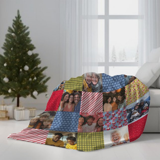 Faux Patchwork 15 Photo Collage Family Christmas Fleece Blanket (Creator Uploaded)