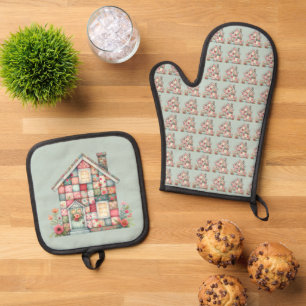 Faux Patchwork Cottagecore Floral House Apron Oven Mitt & Pot Holder Set