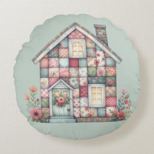 Faux Patchwork Cottagecore Floral House Round Cushion