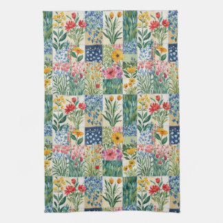 Faux Patchwork Garden Flowers Retro Elegant Pretty Tea Towel