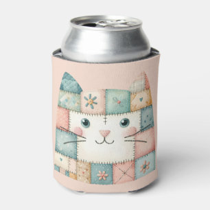 Faux Patchwork Pastel Cottage Kitty Face Can Cooler