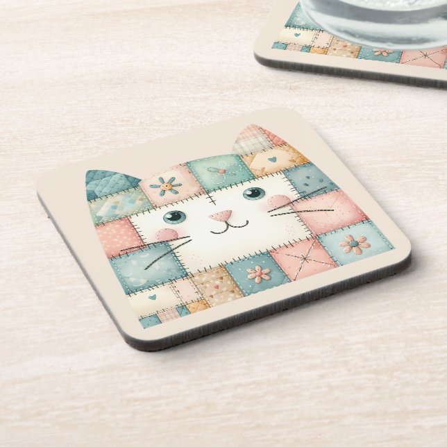 Faux Patchwork Pastel Cottage Kitty Face Coaster (Left Side)