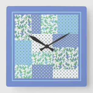 Faux Patchwork Snowdrops Blue Green and Polkas Square Wall Clock