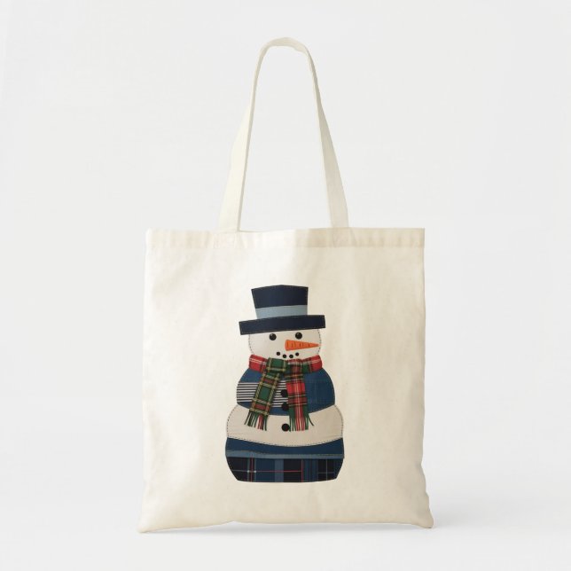 Faux Patchwork Snowman Holiday Xmas Tote Bag (Front)