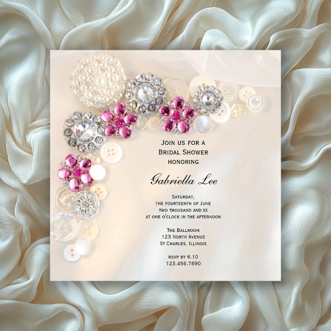 Faux Pearl and Pink Diamond Buttons Bridal Shower Invitation (Creator Uploaded)