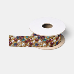 Faux Pearls Gold Jewels & Gems Pattern Satin Ribbon