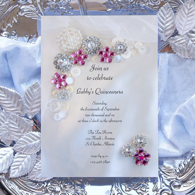 Faux Pearls Pink Diamond Buttons Quinceañera Party Invitation (Creator Uploaded)