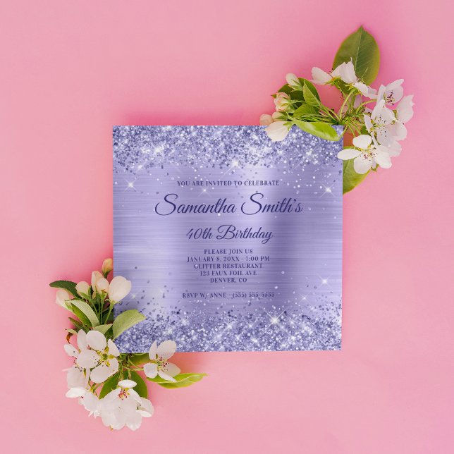 Faux Periwinkle Glitter and Foil 40th Birthday Invitation (Create your own milestone birthday invitation for her.)