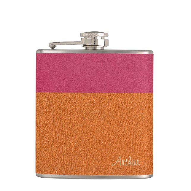 Faux Pink and Orange Leather Hip Flask (Front)