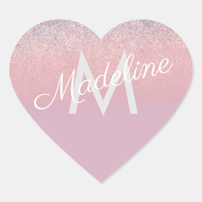 Faux Pink and Purple Sparkly Glitter Monogrammed  Heart Sticker (Front)