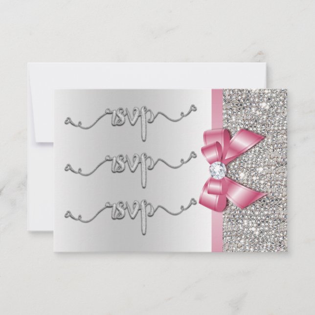 Faux Pink Bow Silver Sequins RSVP Wedding Card (Front)