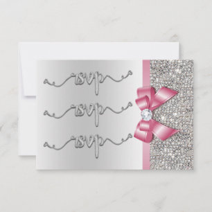 Faux Pink Bow Silver Sequins RSVP Wedding Card