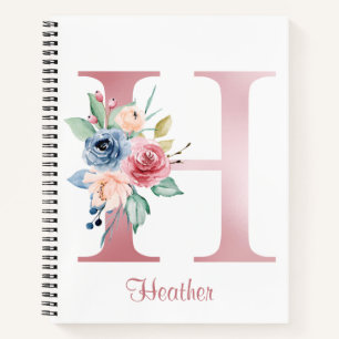Faux Pink Foil Letter H Blush Floral Monogram Notebook