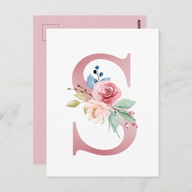 Faux Pink Foil Letter S Blush Floral Monogram Postcard (Front/Back)