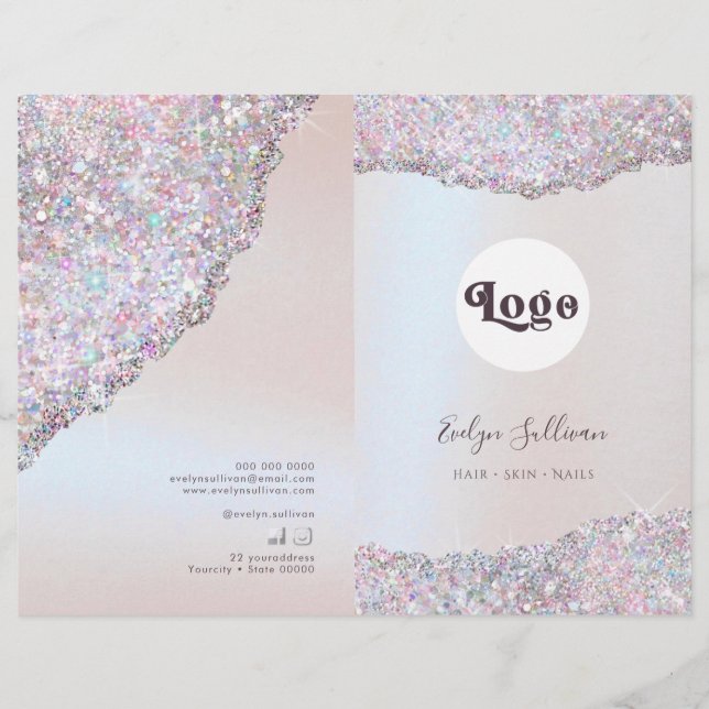 Faux pink glitter foil service menu brochure (Front)