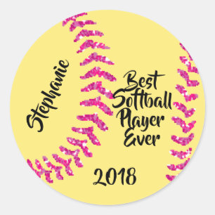 Faux Pink Glitter Softball Stitches Classic Round Sticker