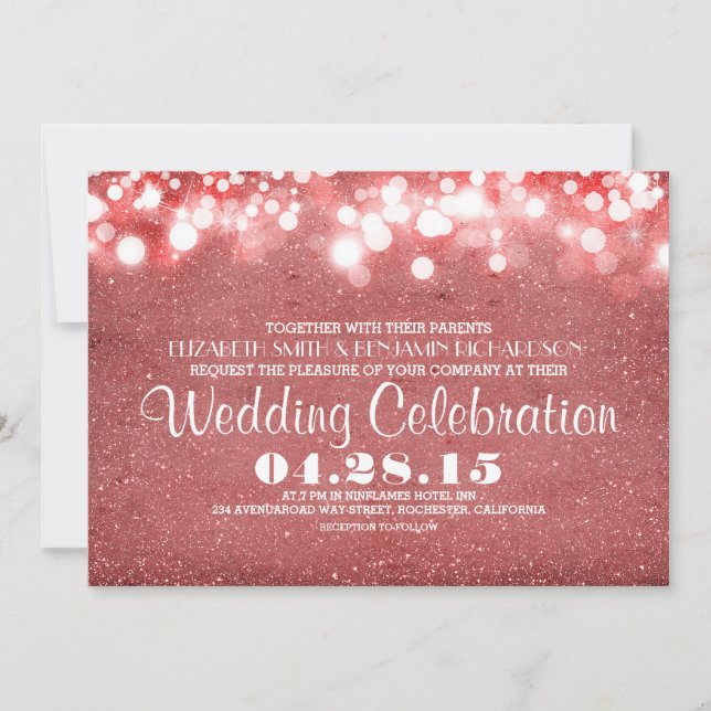 faux pink glitter string lights wedding invitation (Front)