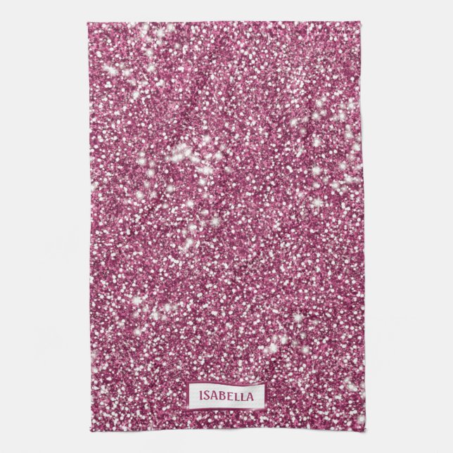 Faux Pink Glitter Texture Look With Custom Name Tea Towel (Vertical)