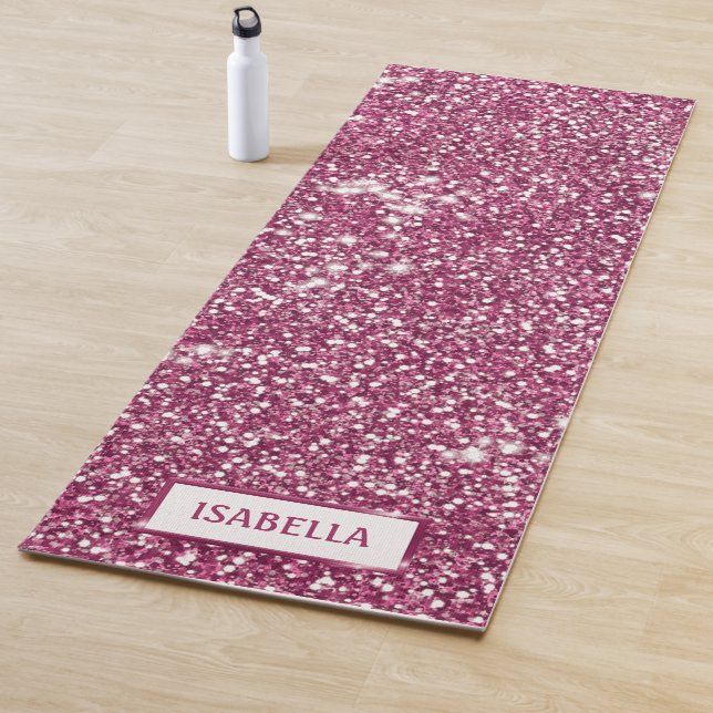 Faux Pink Glitter Texture Look With Custom Name Yoga Mat (In Situ)