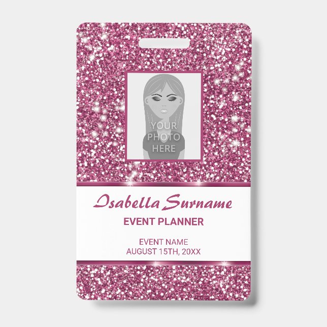 Faux Pink Glitter Texture Look With Custom Text ID Badge (Front)