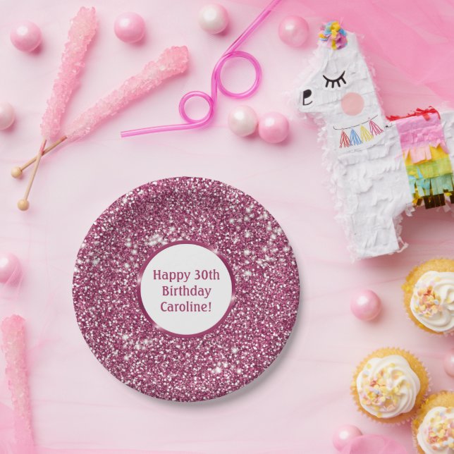 Faux Pink Glitter Texture Look With Custom Text Paper Plate (Party)