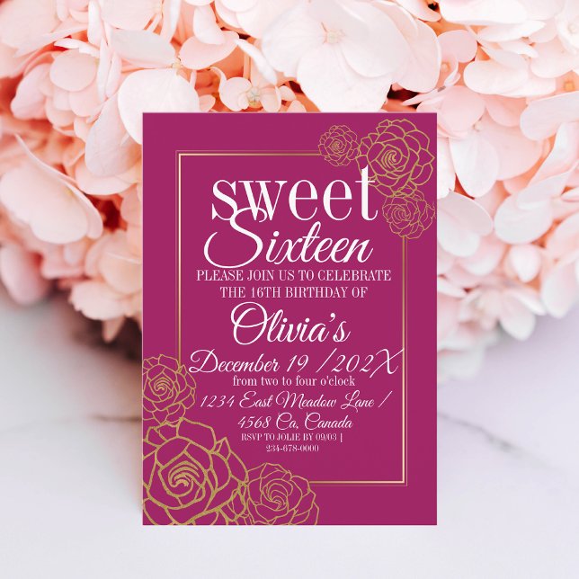 Faux pink gold glitter roses elegant Sweet 16  Invitation (Creator Uploaded)