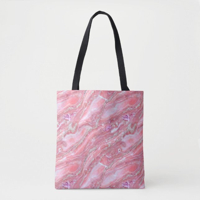 Faux Pink Marble Texture With Silver Glitter  Tote Bag (Front)