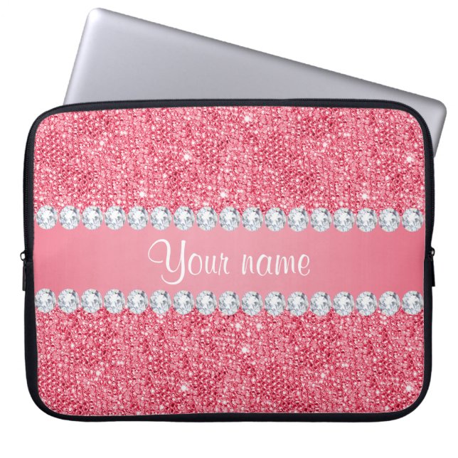 Faux Pink Sequins and Diamonds Laptop Sleeve (Front)