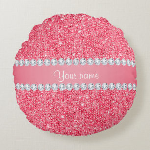 Faux Pink Sequins and Diamonds Round Cushion