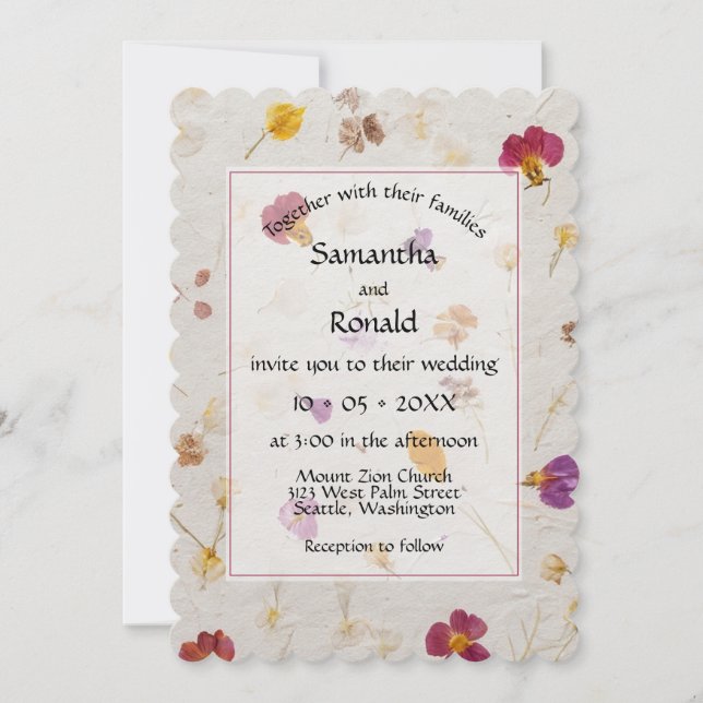 Faux Pressed Flowers Paper Style Wedding  Invitation (Front)