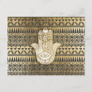 Faux Print Gold Hamsa Hand and Tribal Aztec Postcard