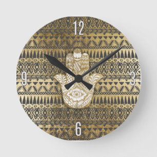 Faux Print Gold Hamsa Hand and Tribal Aztec Round Clock