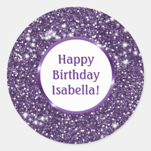 Faux Purple Glitter Look Custom Happy Birthday Classic Round Sticker