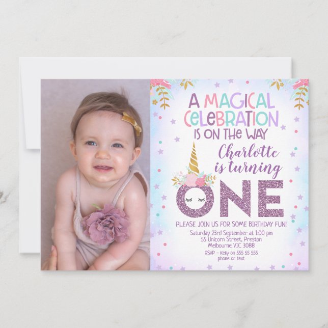 Faux Purple Glitter One Photo Unicorn 1st Birthday Invitation (Front)
