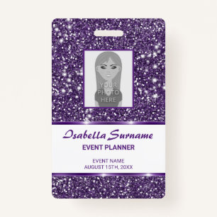 Faux Purple Glitter Texture & Custom Photo & Text ID Badge