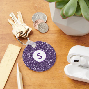 Faux Purple Glitter Texture Look & Custom Monogram Key Ring