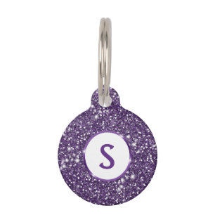 Faux Purple Glitter Texture Look & Custom Monogram Pet Tag