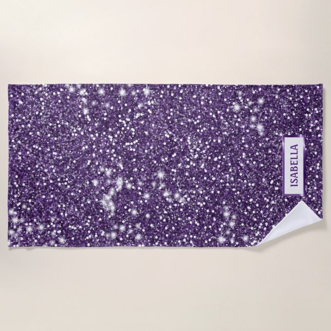 Faux Purple Glitter Texture Look With Custom Name Beach Towel (Front)