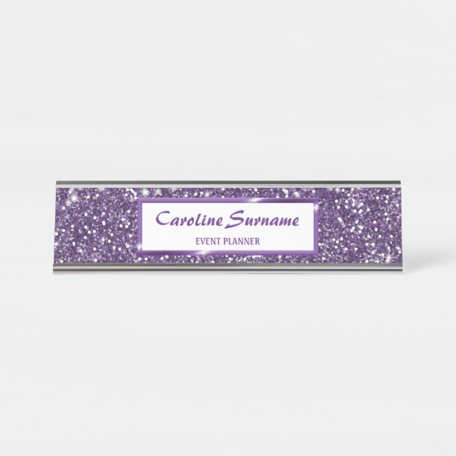 Faux Purple Glitter Texture Look With Custom Text Desk Name Plate (Front)