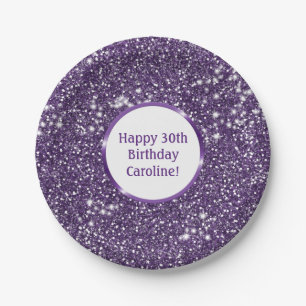 Faux Purple Glitter Texture Look With Custom Text Paper Plate